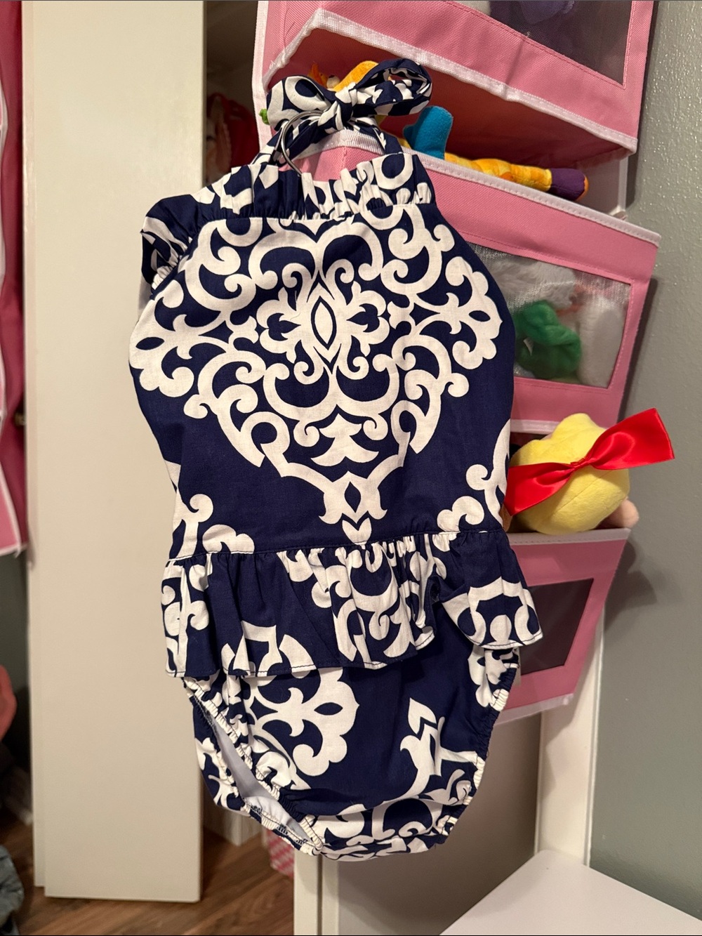 Navy & White Patterned Girls' One-Piece Romper